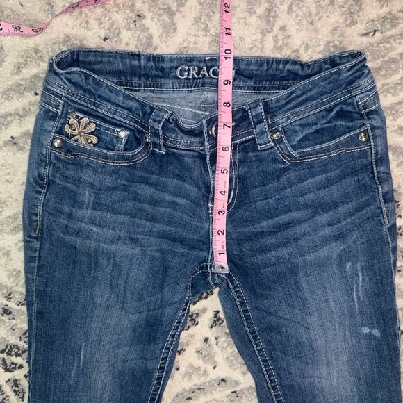 GRACE Size 28 Dark Blue Bootcut Jeans Low Rise Embellished Pockets Medium Blue - Picture 8 of 13